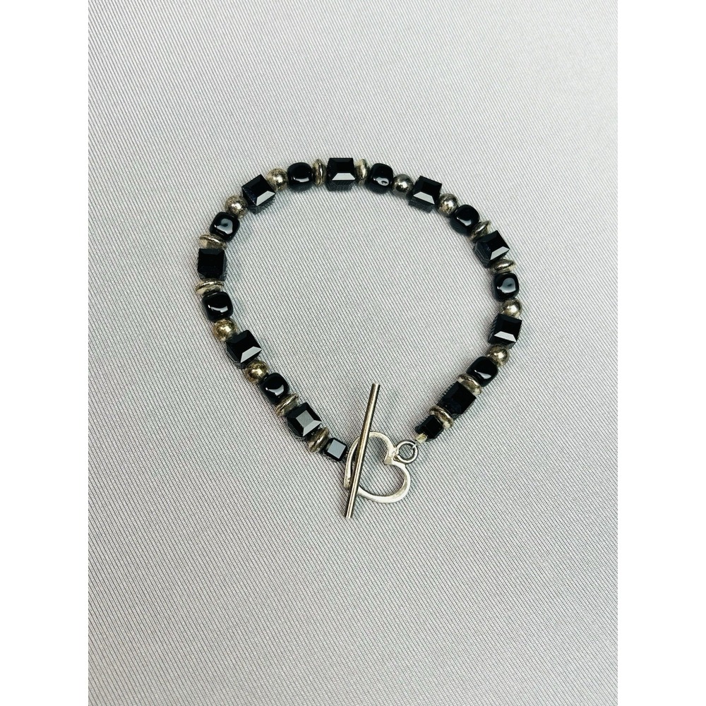 Sterling Silver Black Beaded Bracelet With‎ Heart Clasp READ